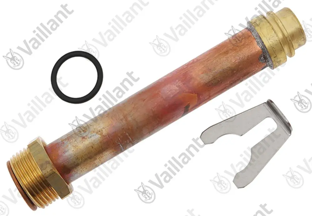 Rohr von Vaillant mit Außengewinde und Ring. Enthält ein Befestigungswerkzeug. Das Produkt ist aus Metall gefertigt und hat eine längliche Form.